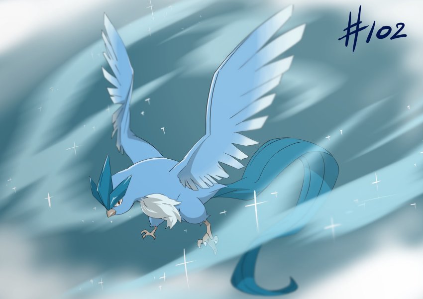 animal_focus articuno beak bird blurry closed_mouth commentary_request full_body gen_1_pokemon highres legendary_pokemon looking_at_viewer nintendo no_humans pokemon pokemon_(creature) pokemon_focus solo talons yusuke_oshida
