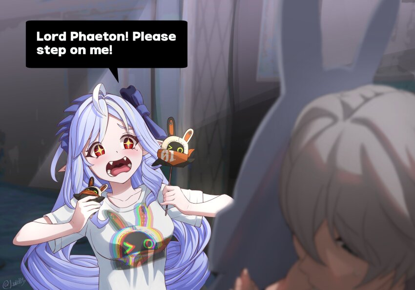 &gt;_o 1boy 1girl alternate_costume bangboo_(zenless_zone_zero) blurry blurry_foreground blush breasts commentary drill_hair english_commentary english_text eous_(zenless_zone_zero) fangs grey_hair highres holding long_hair luizhtx medium_breasts multicolored_hair one_eye_closed open_mouth parody pointy_ears purple_hair shirt short_sleeves solo_focus t-shirt typo very_long_hair vivian_banshee white_shirt wise_(zenless_zone_zero) zenless_zone_zero