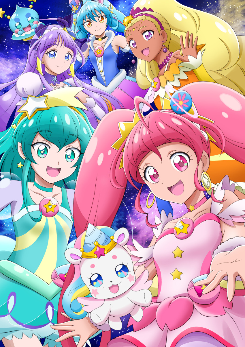 5girls :d absurdres ahoge animal_ears antennae aqua_choker aqua_dress aqua_eyes aqua_hair aqua_pantyhose bead_choker beads blonde_hair blue_dress blue_eyes blue_gloves blue_hair blunt_bangs bow bubble_skirt cat_ears choker closed_mouth collarbone creature crescent crescent_earrings cure_cosmo cure_milky cure_selene cure_soleil cure_star dark-skinned_female dark_skin dress earrings floating_hair fur-trimmed_gloves fur_cuffs fur_trim fuwa_(precure) gloves hair_ornament hairband hat highres hoop_earrings in_orbit jewelry long_hair looking_at_viewer magical_girl mini_hat mini_top_hat multicolored_skirt multiple_girls open_mouth orange_dress orange_eyes pantyhose pink_choker pink_dress pink_eyes pink_hair planet_hair_ornament pointy_ears precure prunce_(precure) purple_choker purple_dress purple_eyes purple_hair purple_hairband raina_(14758801) rainbow_skirt see-through_clothes see-through_sleeves short_hair skirt sky smile space star-shaped_pupils star_(sky) star_(symbol) star_choker star_earrings star_hair_ornament star_in_eye star_twinkle_precure starry_sky symbol-shaped_pupils symbol_in_eye top_hat twintails ufo unicorn very_long_hair yellow_hairband
