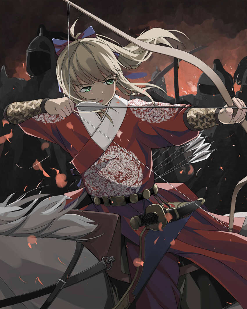 1girl 4others alternate_costume arm_guards armor arrow_(projectile) artoria_pendragon_(fate) belt blonde_hair blue_ribbon bow_(weapon) chinese_armor chinese_clothes chinese_empire embroidered fate/grand_order fate_(series) green_eyes hair_ribbon hanfu highres horseback_archery horseback_riding ming_dynasty multiple_others ponytail ribbon riding saber_(fate) sheath sheathed solo_focus sword weapon zhengz zhijupao