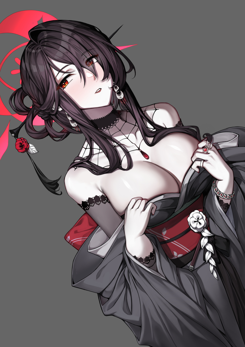 1girl absurdres black_hair black_kimono blue_archive breasts cleavage dutch_angle earrings hair_ornament hair_over_one_eye hairpin halo highres japanese_clothes jewelry kimono kokuriko_(blue_archive) large_breasts lipstick looking_at_viewer makeup moecchi nail_polish pale_skin red_eyes solo swept_bangs upper_body