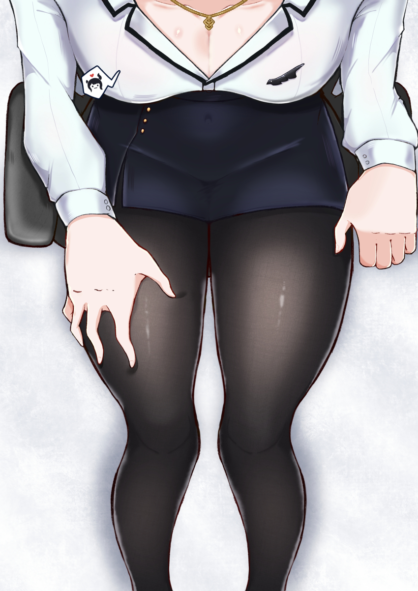 1girl absurdres black_pantyhose black_skirt breasts cleavage daizeemi from_above grey_background highres hololive hololive_english large_breasts leg_focus nerissa_ravencroft nerissa_ravencroft_(casual) on_chair pantyhose shirt simple_background sitting skirt solo speech_bubble spoken_character virtual_youtuber white_shirt