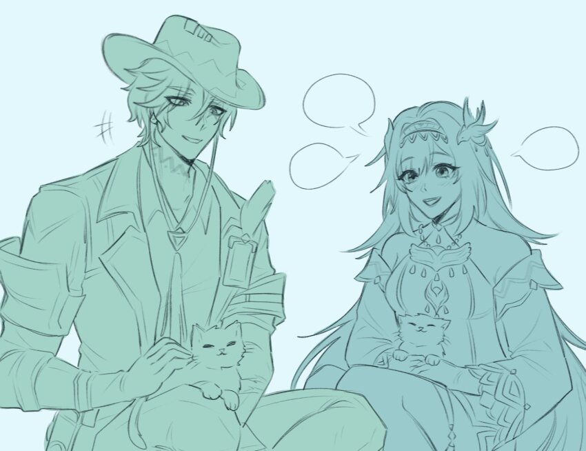 1boy 1girl bird_hair_ornament bracelet cat choker cowboy_hat detached_sleeves dress earrings genshin_impact hair_ornament hairband hat highres ifa_(genshin_impact) jewelry lan_yan_(genshin_impact) long_hair monochrome smile speech_bubble yinlanhlub