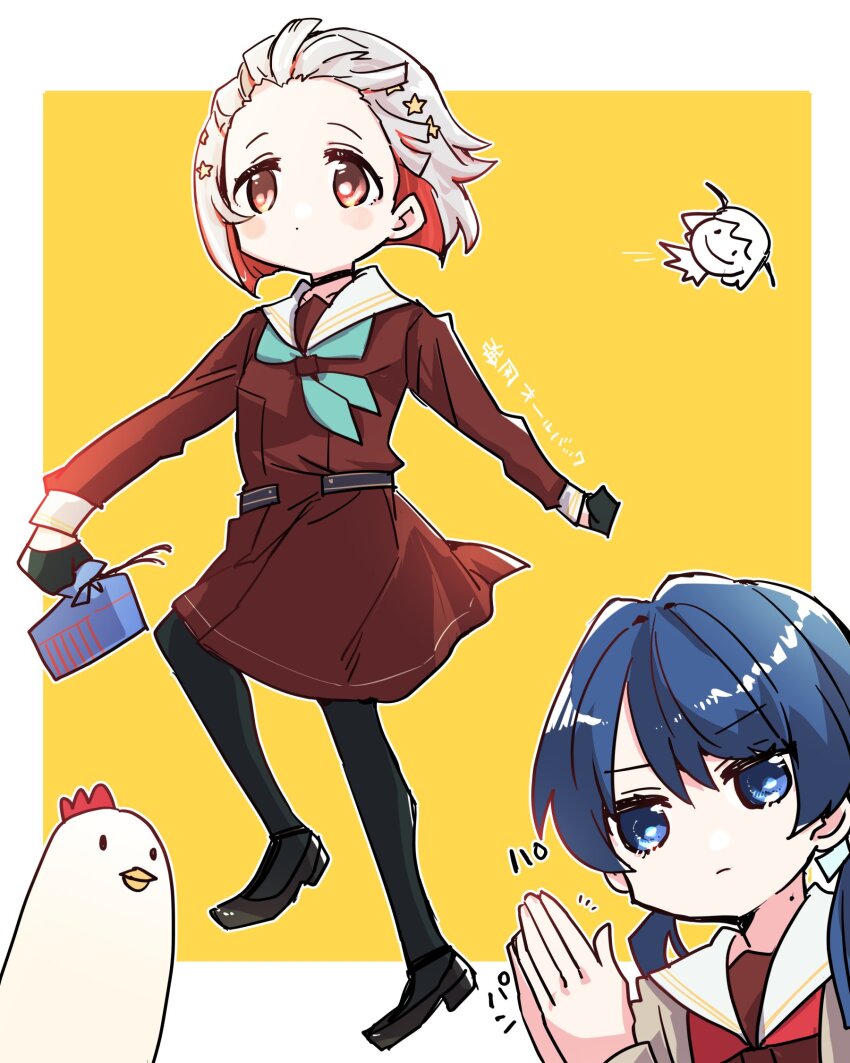 2girls aqua_neckerchief bangs_blown_up bird black_choker black_gloves black_pantyhose black_shoes blue_eyes blue_hair blue_ribbon bob_cut brown_cardigan brown_dress cardigan choker clapping closed_mouth colored_inner_hair dark_blue_hair doodle_inset dot_mouth dress duck gloves grey_hair hair_ornament hair_ribbon half_gloves hasu_no_sora_school_uniform highres hinoshita_kaho holding_bento inverted_bob kanduki_kamibukuro kyoufuu_all_back_(vocaloid) light_frown link!_like!_love_live! long_hair long_sleeves love_live! low_twintails marching medium_dress mole mole_on_neck motion_lines multicolored_hair multiple_girls murano_sayaka neckerchief open_cardigan open_clothes pantyhose pleated_dress red_eyes red_hair red_neckerchief ribbon sailor_collar sailor_dress school_uniform shoes short_hair song_name speed_lines star_(symbol) star_hair_ornament streaked_hair translation_request twintails v-shaped_eyebrows virtual_youtuber white_sailor_collar winter_uniform wrapped_bento yellow_background yugiri_tsuzuri