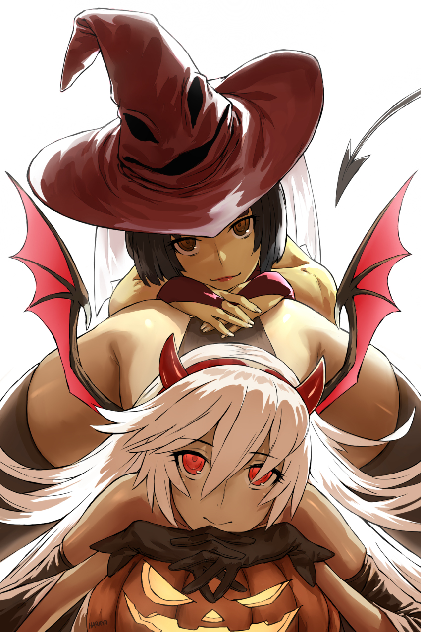 2girls ass ass_grab bare_shoulders black_gloves black_hair bob_cut demon_girl demon_horns demon_tail demon_wings face_in_ass fake_horns fake_tail fake_wings gloves guilty_gear guilty_gear_xrd hairband halloween halloween_costume haraya_manawari hat highres horns i-no jack-o&#039;_challenge jack-o&#039;_valentine long_hair looking_at_viewer multicolored_hair multiple_girls nightmare_before_christmas oogie_boogie pumpkin red_eyes shaded_face short_hair sidelocks skindentation smile tail the_nightmare_before_christmas thick_thighs thighhighs thighs top-down_bottom-up white_hair wings witch witch_hat