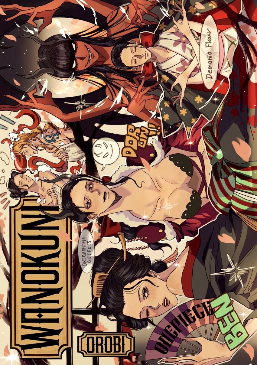 2girls arm_tattoo beast_pirates_uniform bikini black_hair blunt_bangs character_name colored_skin commentary crossed_legs demon_girl demonio_fleur extra_arms fake_horns geisha hair_bun hair_ornament hana_hana_no_mi hand_fan haori highres holding holding_fan horns japanese_clothes kanzashi kimono looking_at_viewer multiple_girls nami_(one_piece) nico_robin nico_robin_(onigashima) nico_robin_(wano) obi one_eye_closed one_piece orange_hair petals red_skin rihirihi613 sash shoulder_pads single_sidelock swimsuit tattoo upper_body