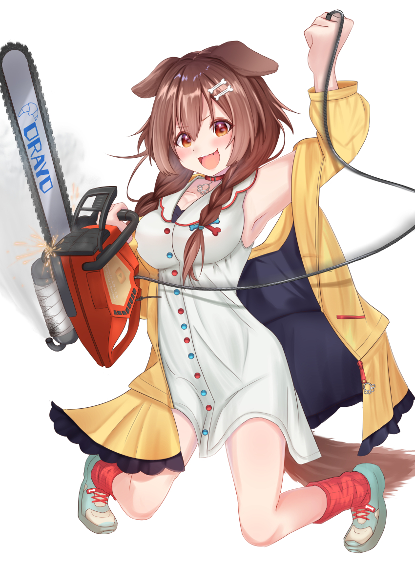 1girl :d absurdres animal_ears aqua_shoes blush bone_hair_ornament braid brown_eyes brown_hair chainsaw commentary_request dog_ears dog_girl dog_tail dress exhaust eyelashes fangs gold_creator_award hair_ornament highres holding holding_chainsaw hololive inugami_korone inugami_korone_(1st_costume) jacket long_hair micon open_clothes open_jacket open_mouth red_socks shoes simple_background sleeveless sleeveless_dress smile socks solo tail twin_braids virtual_youtuber white_background white_dress yellow_jacket youtube youtube_creator_award