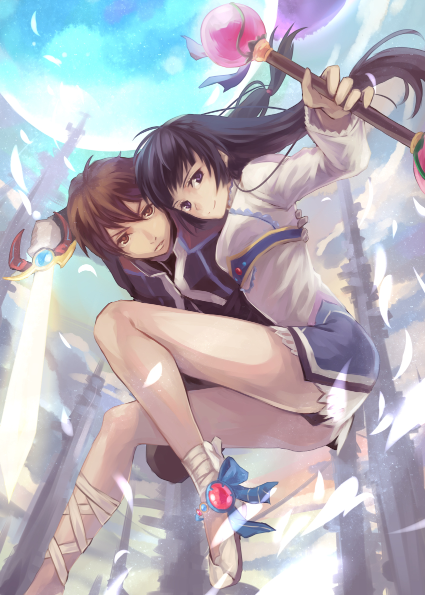 1boy 1girl absurdres ass black_hair bodysuit breasts brown_eyes brown_hair frills gloves highres holding holding_sword holding_weapon kohaku_hearts kor_meteor leg_ribbon long_hair low-tied_long_hair moon purple_eyes ribbon shoes short_hair smile sword tales_of_(series) tales_of_hearts weapon