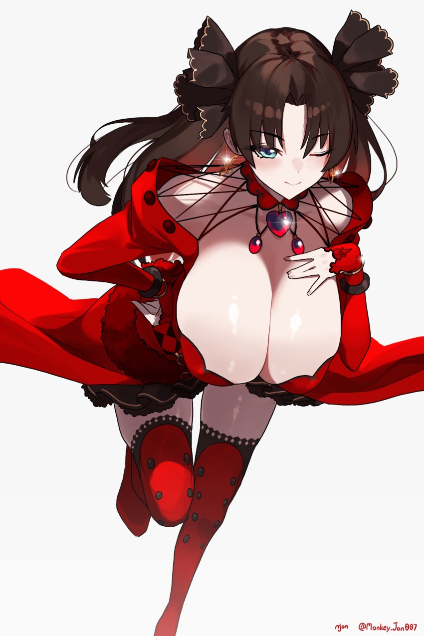 1girl alternate_breast_size artist_name blue_eyes breasts brown_hair brown_ribbon cleavage closed_mouth commentary commission detached_collar dress earrings english_commentary fate/grand_order fate/stay_night fate_(series) gem hair_ribbon hand_on_own_chest hand_on_own_hip hanging_breasts highres huge_breasts jewelry lace-trimmed_boots lace_trim leaning_forward long_hair long_sleeves looking_at_viewer monkey_jon off_shoulder one_eye_closed parted_bangs polka_dot polka_dot_legwear red_dress red_gemstone ribbon simple_background skirt smile solo thighhighs tohsaka_rin tohsaka_rin_(formalcraft) twitter_username two_side_up white_background