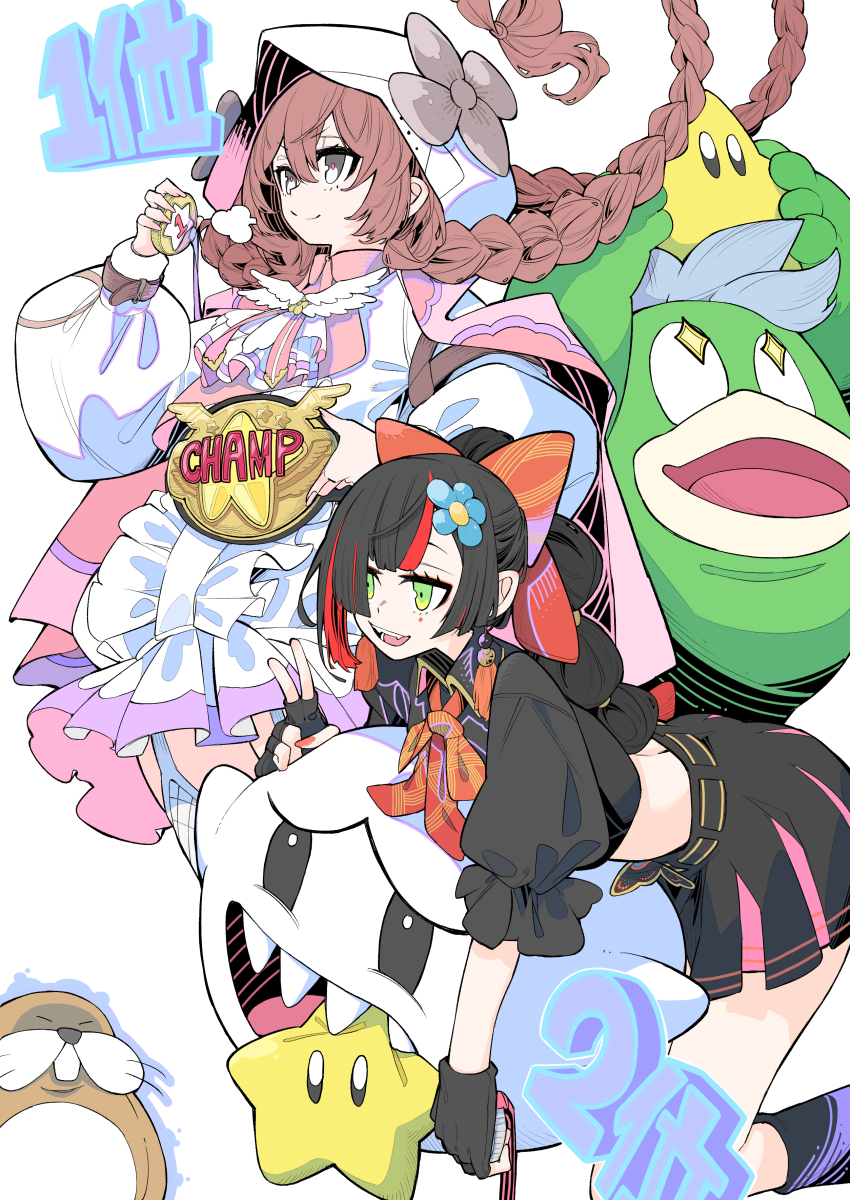 +_+ 2girls absurdres amayui_moka ascot belt biting black_boots black_hair black_shirt blunt_bangs boo_(mario) boots bow bowtie braid brown_hair championship_belt choya_hanabi crossover double-parted_bangs earrings eyeliner facial_mark fingerless_gloves flower_ornament frilled_skirt frilled_sleeves frills gloves green_eyes grey_eyes hair_bow highres holding holding_medal hood jewelry leaning_on_object long_hair long_sleeves makeup mario_(series) midriff monty_mole multi-tied_hair multicolored_hair multiple_girls nintendo open_mouth orange_bow orange_bowtie ponytail puffy_sleeves red_eyeliner red_hair red_nails shaded_face sharp_teeth shirt simple_background skirt smile spike_(mario) streaked_hair super_star_(mario) teeth tetsu_booya thighhighs twin_braids v virtual_youtuber vspo! white_ascot white_background white_hood white_thighhighs