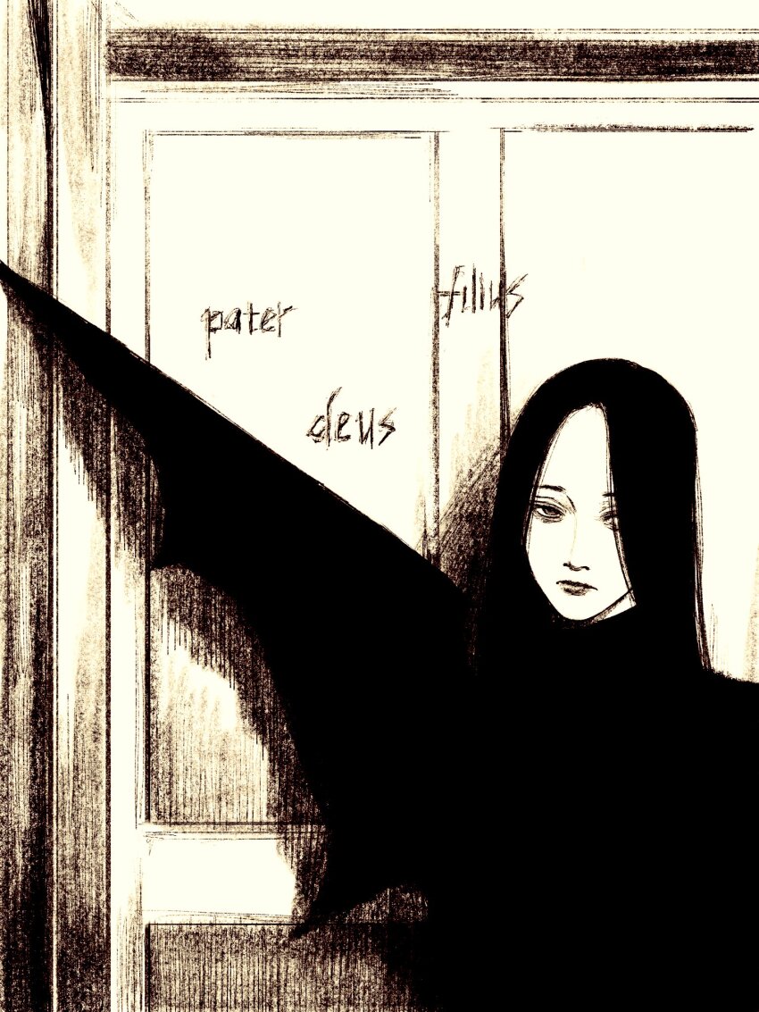 1girl black_hair door graffiti greyscale highres long_hair looking_at_viewer monochrome original solo tp_p_pt upper_body wooden_door