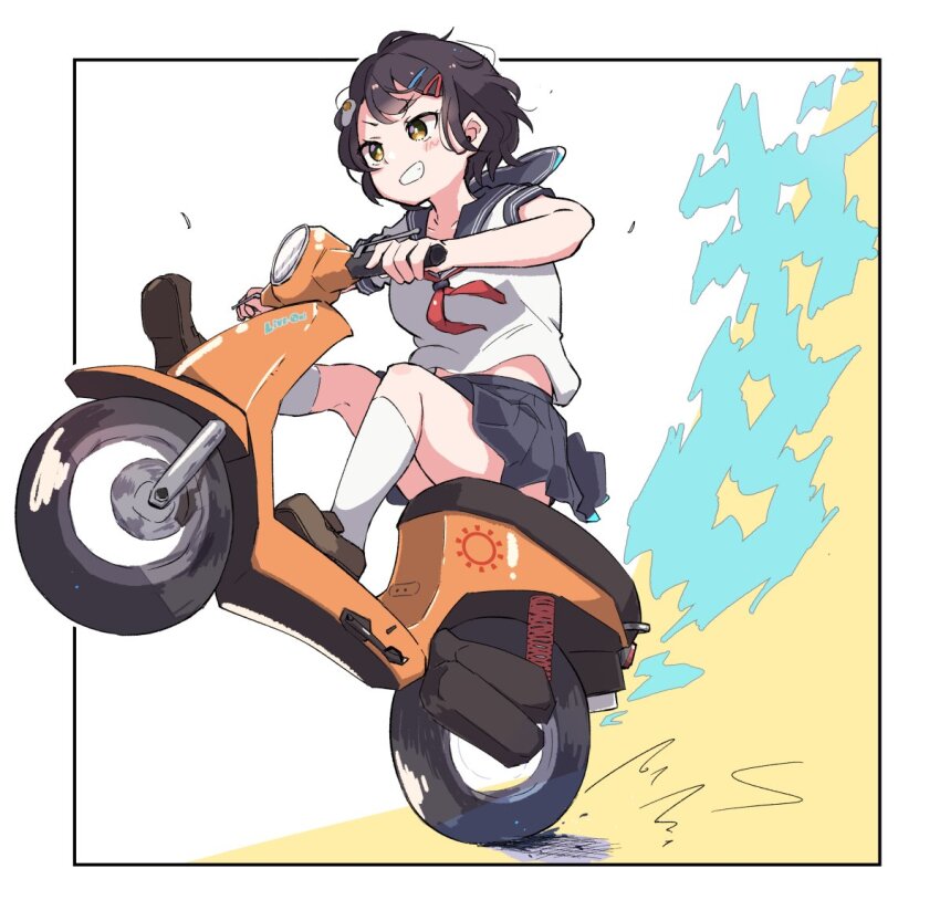 1girl asagiri_hareru black_hair blush grin hair_ornament ki-ro-to kneehighs looking_at_viewer motor_vehicle neckerchief on_scooter open_mouth pleated_skirt red_neckerchief school_uniform scooter serafuku shirt short_hair sitting skirt smile socks solo vtuber_nandaga_haishin_kiriwasuretara_densetsu_ni_natteta white_shirt