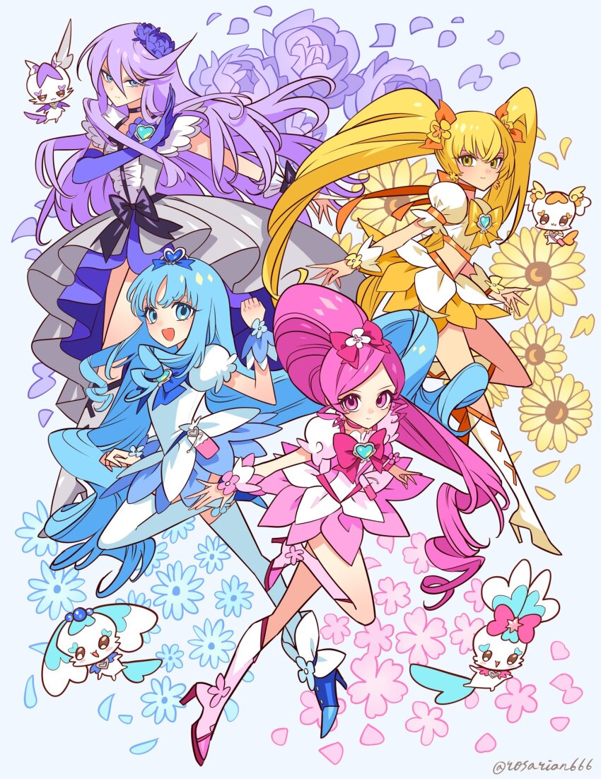 4girls blonde_hair blue_eyes blue_hair boots bow brooch cherry_blossoms chypre_(heartcatch_precure!) coffret_(heartcatch_precure!) cologne_(heartcatch_precure!) crop_top cure_blossom cure_marine cure_moonlight cure_sunshine dress elbow_gloves fairy flower full_body gloves grey_dress hair_bow hair_flower hair_ornament hanasaki_tsubomi heartcatch_precure! high-low_dress high-low_skirt high_heel_boots high_heels high_ponytail highres jewelry knee_boots kurumi_erika long_hair looking_at_viewer magical_girl meremero miniskirt multiple_girls myoudouin_itsuki pink_eyes pink_hair ponytail potpourri_(heartcatch_precure!) precure puffy_short_sleeves puffy_sleeves purple_hair purple_skirt rose shoes short_sleeves single_elbow_glove skirt skirt_under_dress smile sunflower thighhighs tsukikage_yuri twintails very_long_hair white_dress wrist_cuffs yellow_eyes