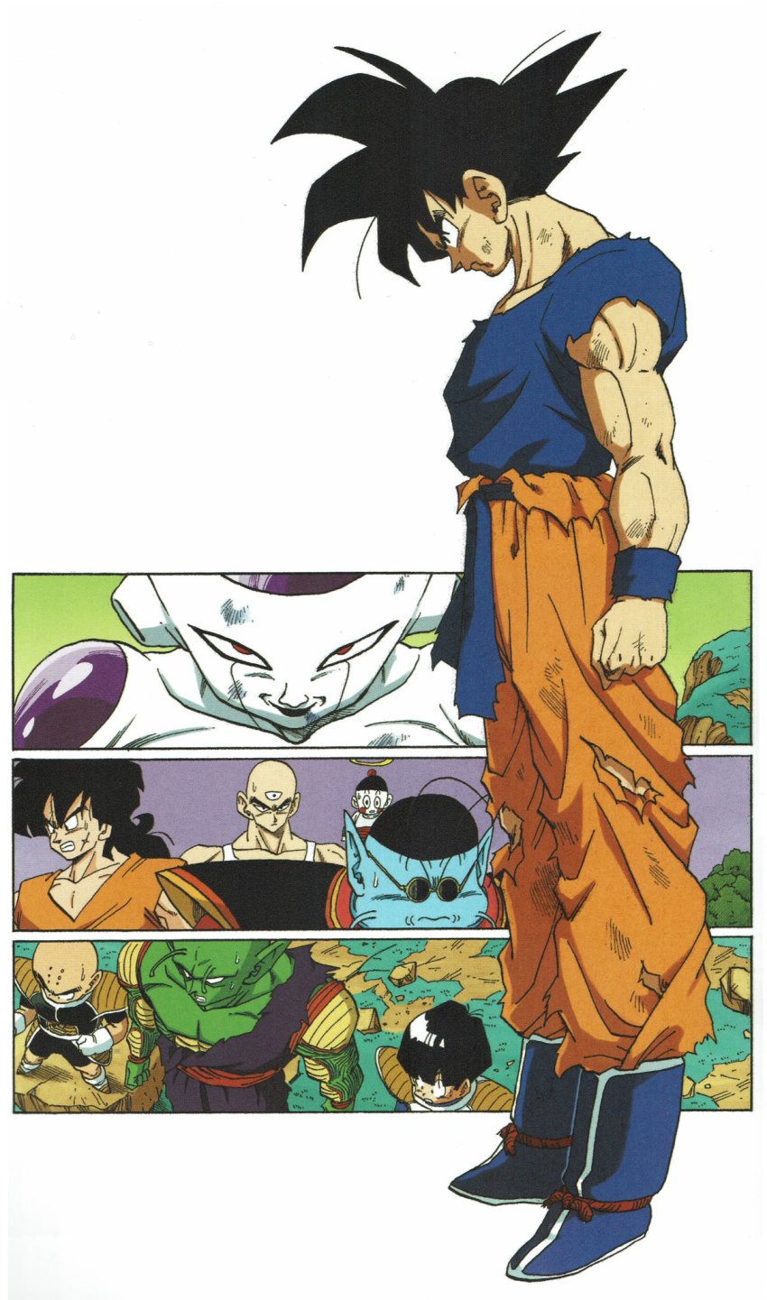 6+boys :o antennae armor arms_at_sides bald black_eyes black_hair blue_footwear blue_shirt boots bowl_cut chaozu cleaned clenched_teeth closed_mouth collarbone colored_skin dirty dirty_clothes dirty_face dragon_ball dragonball_z evil_smile facial_scar final_form_frieza frieza from_above from_side frown full_body grass green_skin halo head_down highres kuririn looking_at_viewer male_focus manly matching_hair/eyes mountain multiple_boys muscular muscular_male nervous north_kaiou official_art orange_pants outdoors panels pants piccolo pointy_ears red_eyes scar scar_on_cheek scar_on_face serious shaded_face shirt simple_background smile son_gohan son_goku spiked_hair standing sunglasses sweatdrop teeth tenshinhan third_eye toriyama_akira torn_clothes torn_shirt white_background wristband yamcha