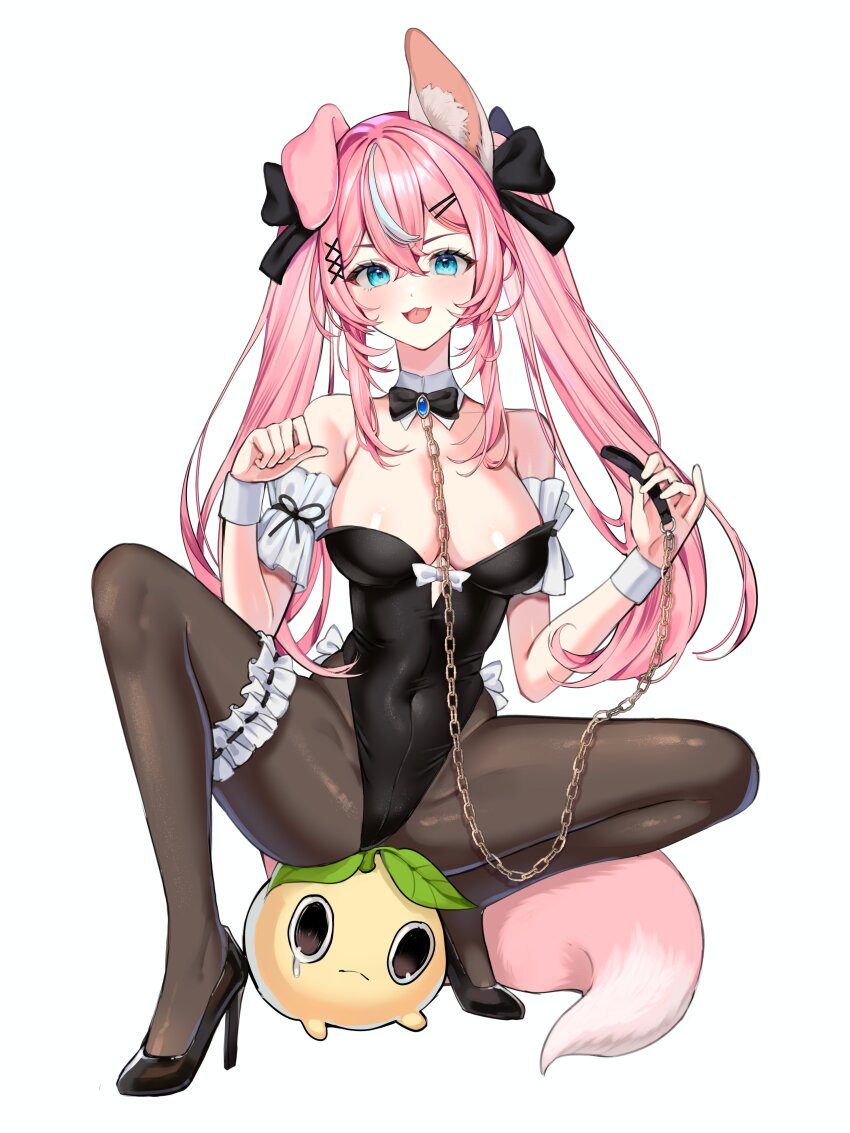 1girl absurdres animal_ears blue_eyes bow bowtie breasts chain chain_leash detached_collar evangellium fox_ears fox_girl fox_tail full_body hair_between_eyes high_heels highres leash leotard looking_at_viewer medium_breasts open_mouth pantyhose pink_hair playboy_bunny simple_background solo tail tongue twintails virtual_youtuber vyugen white_background wrist_cuffs yuniiho_(vtuber)