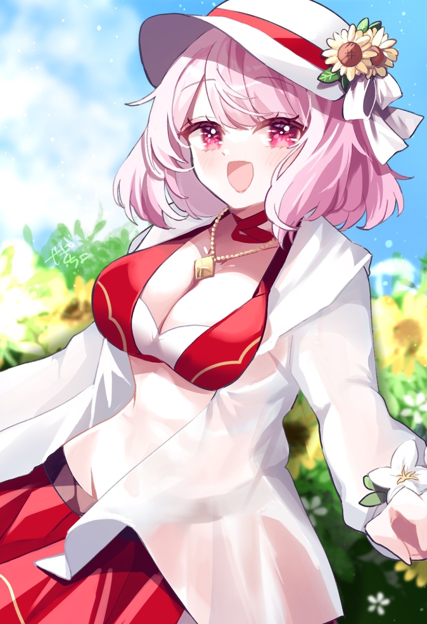 1girl bikini blush breasts choker cleavage fire_emblem fire_emblem_engage fire_emblem_heroes flat_cap flower hat highres jacket jewelry karingityou lapis_(fire_emblem) lapis_(forager_of_the_sea)_(fire_emblem) large_breasts multicolored_bikini navel necklace nintendo official_alternate_costume open_mouth pink_eyes pink_hair red_bikini see-through_clothes see-through_jacket short_hair smile solo sunflower swimsuit two-tone_hat white_hat white_jacket