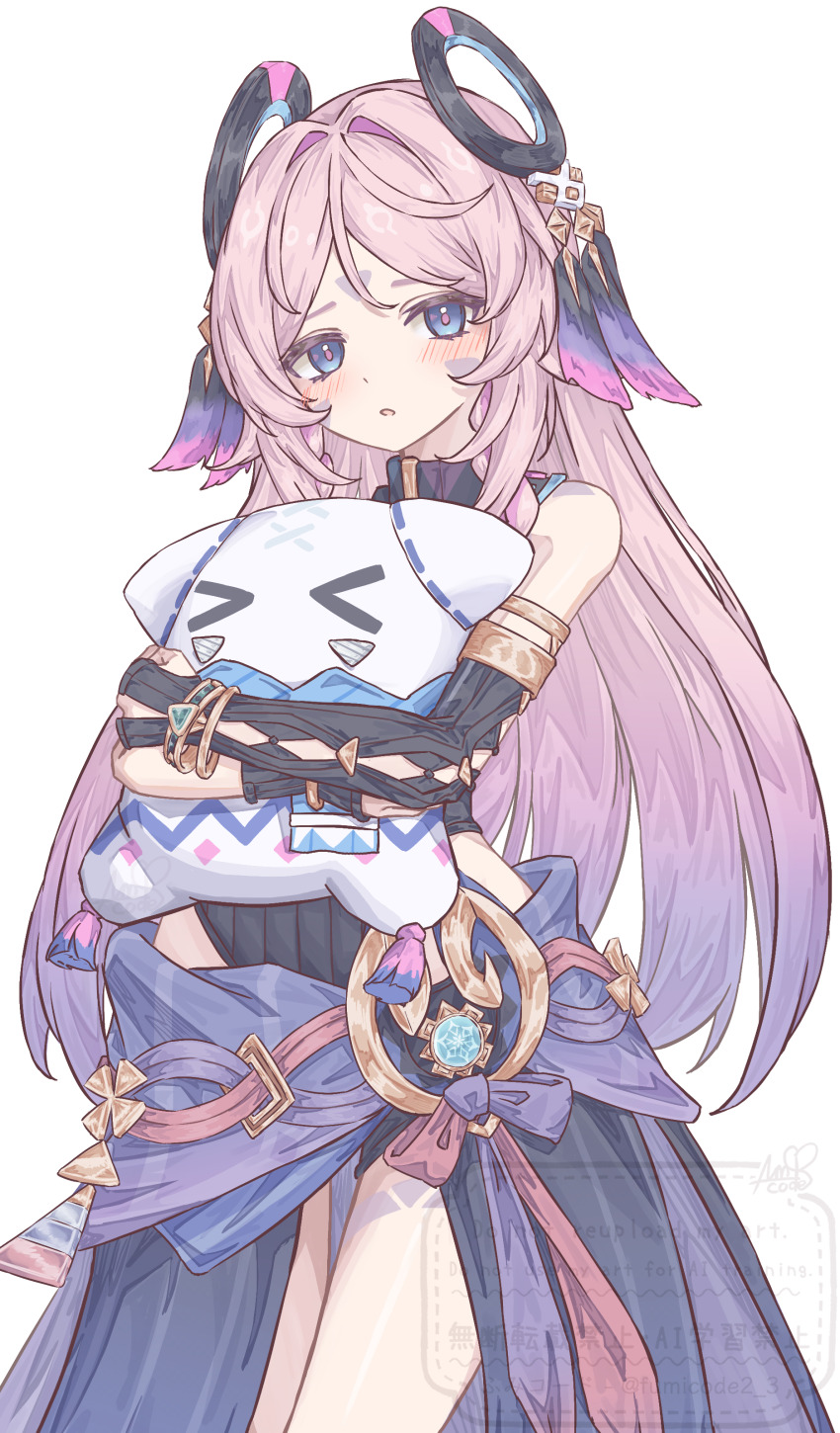 1girl absurdres asymmetrical_gloves black_gloves blue_gemstone blush braid citlali_(genshin_impact) citlalin_(genshin_impact) commentary cryo_symbol_(genshin_impact) fingerless_gloves floating_headgear fumicode2_3 gem genshin_impact gloves headgear highres holding holding_pillow long_hair looking_at_viewer multicolored_hair parted_lips pillow pink_hair pink_pupils purple_hair purple_skirt simple_background skirt sleeveless solo twin_braids uneven_gloves very_long_hair vision_(genshin_impact) white_background