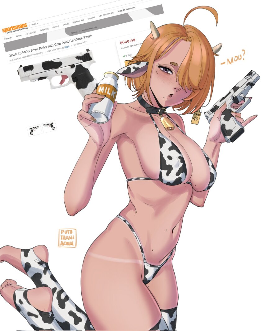 1girl ahoge animal_ears animal_print bell bikini blonde_hair bottle breasts brown_eyes cow_ears cow_horns cow_print cow_print_bikini cow_print_thighhighs cowbell glock gun hair_over_one_eye handgun highres holding holding_gun holding_weapon horns large_breasts milk_bottle mole mole_on_breast mole_on_neck mole_on_stomach mole_on_thigh mole_under_eye multiple_moles original print_bikini print_thighhighs puto_trash short_eyebrows short_hair stirrup_legwear swimsuit tan tanline thick_eyebrows thighhighs toeless_legwear weapon