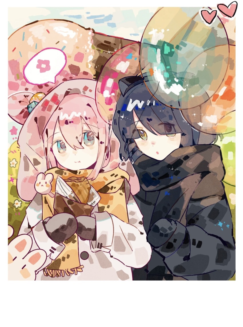 2girls :t alternate_costume animal_ear_hairband animal_ear_headwear animal_ears animal_pin balloon beanie black_coat black_hairband black_mittens black_ribbon black_scarf blue_eyes blue_hair blunt_bangs blunt_ends bocchi_the_rock! border bush cat_ear_hairband cat_ears chewing closed_mouth coat crepe cube cube_hat_ornament day dot_nose earflap_beanie eating expressionless eyes_visible_through_hair fake_animal_ears flower flying_sweatdrops food fringe_trim gotoh_hitori gradient_eyes green_eyes grey_eyes hair_between_eyes hair_over_eyes hair_ribbon hairband hat hat_ornament heart highres holding holding_balloon holding_crepe holding_food ice_cream ice_cream_cone long_sleeves looking_ahead looking_at_food mittens multicolored_eyes multiple_girls orange_scrunchie outdoors oversized_food oversized_object pink_hat puffy_long_sleeves puffy_sleeves rabbit rabbit_ears rabbit_pin ribbon scarf scrunchie short_hair sleeves_past_wrists sparkle spoken_flying_sweatdrops star_(symbol) tress_ribbon upper_body white_border white_coat white_flower winter_clothes wuyang_sanhua_p_(kan_zhiding) yamada_ryo yellow_eyes