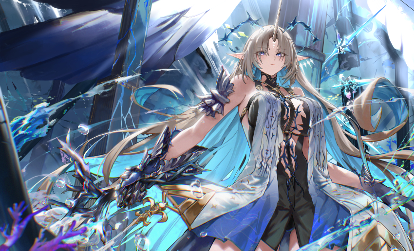 1girl absurdres bare_shoulders black_dress blonde_hair blue_hair blue_hands breast_curtains breasts center_opening chromatic_aberration closed_mouth colored_inner_hair commentary cowboy_shot crown_of_thorns dress fleurdelys_(wuthering_waves) hanasawa_(hanasawa062) highres holding holding_sword holding_weapon horns large_breasts long_hair multicolored_hair parted_bangs pointy_ears purple_eyes single_horn solo sword tabard tacet_mark_(wuthering_waves) very_long_hair weapon white_tabard wuthering_waves yellow_horns