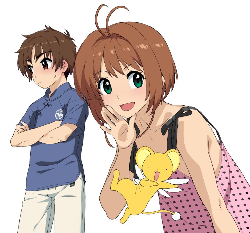 1boy 1girl :d ahoge bare_shoulders blush brown_hair cardcaptor_sakura creature crossed_arms embarrassed flat_chest green_eyes highres kero_(cardcaptor_sakura) kinomoto_sakura li_syaoran looking_at_viewer looking_to_the_side open_clothes open_mouth pink_shirt polka_dot polka_dot_shirt shirt short_hair simple_background sleeveless sleeveless_shirt smile tareme upper_body wakaho_riku white_background