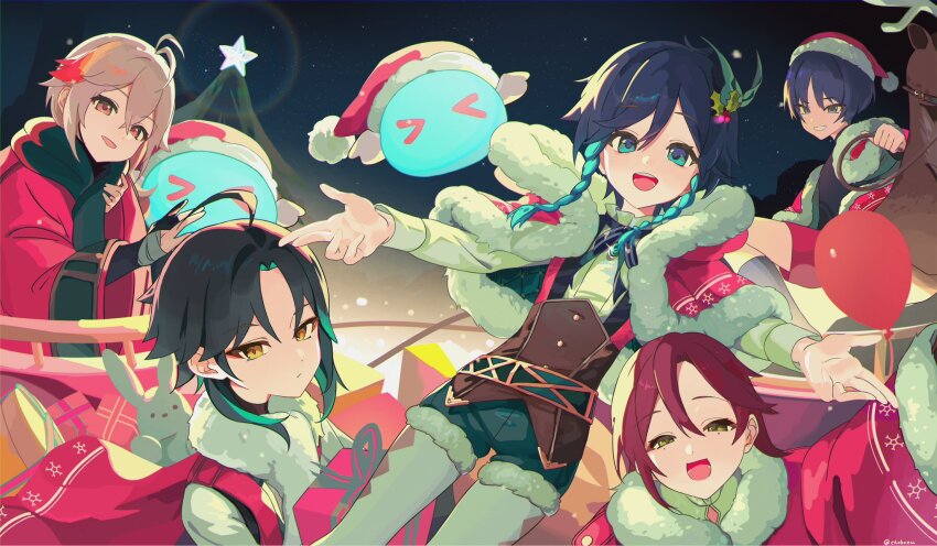 &gt;_&lt; 5boys ahoge anemo_slime_(genshin_impact) aqua_hair balloon bandages black_hair box braid chobonu christmas christmas_tree closed_mouth fur-trimmed_jacket fur_trim genshin_impact gift gift_box gradient_hair grey_hair hair_between_eyes hair_ornament hat highres jacket jewelry kaedehara_kazuha long_hair long_sleeves looking_at_viewer male_focus merry_christmas multicolored_hair multiple_boys open_mouth purple_eyes purple_hair red_eyes red_hair red_hat red_jacket reindeer santa_costume santa_hat scaramouche_(genshin_impact) shikanoin_heizou short_hair shorts slime_(genshin_impact) smile streaked_hair stuffed_animal stuffed_rabbit stuffed_toy thighhighs twin_braids venti_(genshin_impact) wanderer_(genshin_impact) white_thighhighs xiao_(genshin_impact) yellow_eyes