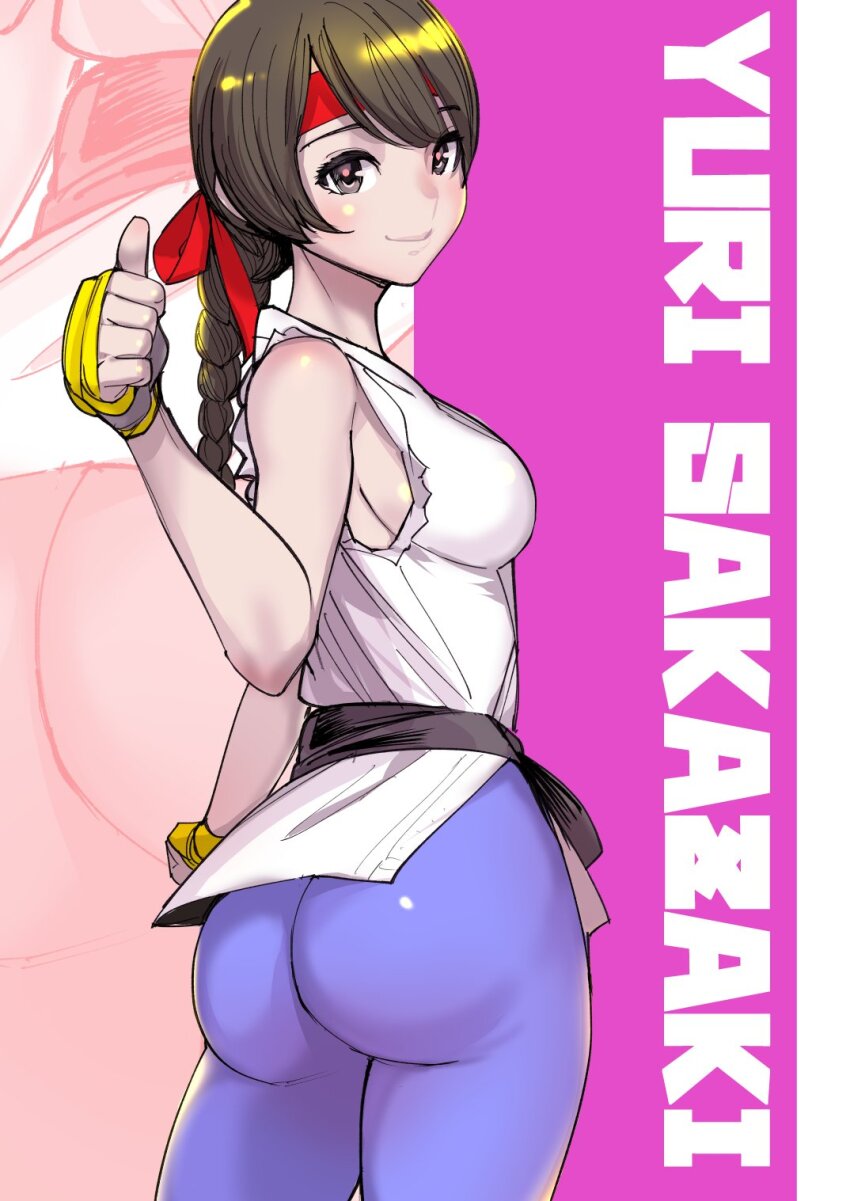 1girl ass braid braided_ponytail breasts brown_eyes brown_hair character_name closed_mouth curvy dougi dytm fingerless_gloves from_behind gloves headband highres huge_ass karate_gi large_breasts leather leggings lips long_hair looking_at_viewer looking_back pale_skin pants ponytail red_headband ryuuko_no_ken sideboob single_braid skirt smile solo spandex the_king_of_fighters the_king_of_fighters_xv thick_thighs thighs thumbs_up tight_clothes tight_pants wide_hips yoga_pants yuri_sakazaki