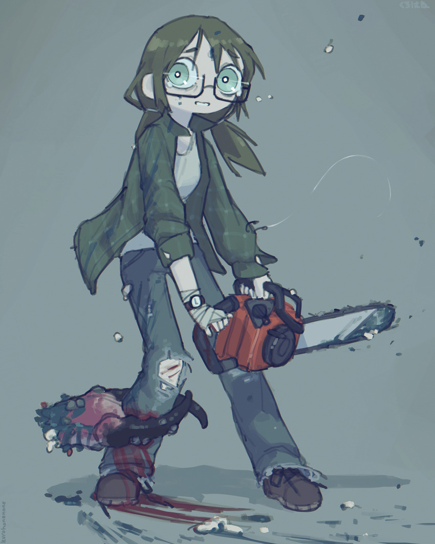 1girl absurdres artist_name bandaged_hand bandages bleeding blood blood_on_clothes blood_on_face blue_blood boots chainsaw commentary crab_claw denim english_commentary fish_hook flannel glasses green_eyes green_hair highres jeans kurohanenone low_twintails original pants scared scraped_knee semi-rimless_eyewear severed_limb shirt tears torn_clothes torn_jeans torn_pants twintails watch white_shirt wristwatch