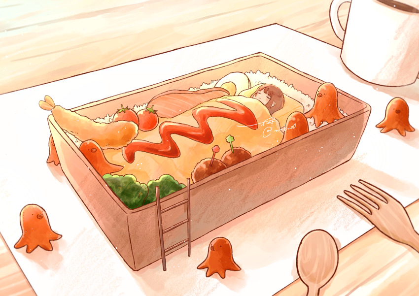 1girl absurdres bento brown_hair closed_eyes commentary_request cup disposable_cup food food_art fork highres in_food ladder lying mini_person minigirl mokunoki mug omelet omurice on_back original signature solo spoon tako-san_wiener tomato twitter_username under_covers