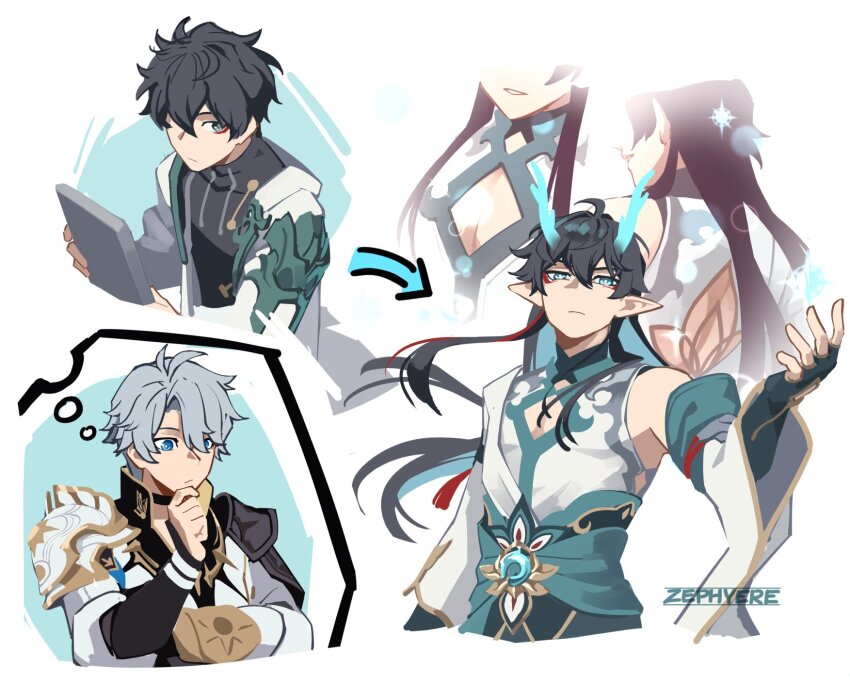 1boy antenna_hair aqua_eyes aqua_hair aqua_horns aqua_sash armor artist_name back_cutout black_choker black_gloves black_hair black_shirt blue_eyes chinese_clothes choker closed_mouth clothing_cutout coat collared_shirt commentary dan_heng_(honkai:_star_rail) dan_heng_(hunt)_(honkai:_star_rail) dan_heng_(imbibitor_lunae)_(honkai:_star_rail) dragon_boy dragon_horns dragon_tail earrings eastern_dragon_horns english_commentary eyeliner fingerless_gloves floating_hair gloves gold_earrings gold_trim hair_between_eyes hand_up highres honkai:_star_rail honkai_(series) horns jewelry long_hair long_sleeves makeup male_focus multicolored_hair pauldrons phainon_(honkai:_star_rail) pointy_ears red_eyeliner sash shirt short_hair shoulder_armor simple_background single_pauldron tail thinking white_background white_coat white_hair white_shirt white_sleeves wide_sleeves zephyere