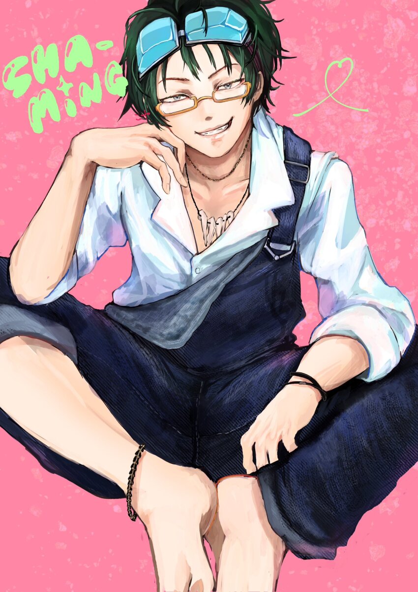 1boy black_hair character_name fang glasses gnosia goggles green_hair highres jacket jewelry koyuuuuuuuuuuu long_sleeves looking_at_viewer male_focus necklace one_eye_closed sha-ming shirt short_hair smile solo