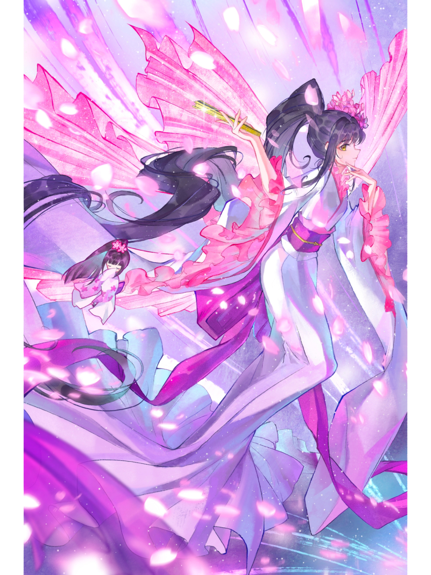 1boy 1girl absurdly_long_hair aerial_fireworks back_bow black_hair border bow butterfly_wings chibi chinese_commentary closed_eyes closed_mouth commentary_request covered_mouth crossdressing expressionless fireworks floating_clothes floating_hair floral_print flower folded_fan folding_fan frilled_sleeves frills fujisaki_nadeshiko full_body hair_flower hair_intakes hair_ornament hand_fan high_ponytail highres holding holding_fan inhan insect_wings japanese_clothes kimono letterboxed long_hair long_sleeves looking_at_viewer magical_girl male_focus night night_sky obi outdoors petals pink_flower pink_shawl pink_wings pointy_nose ponytail purple_bow purple_sash sash shawl shugo_chara! sky star_(sky) starry_sky temari_(shugo_chara!) trap very_long_hair white_border white_kimono wide_sleeves wings yamato_maihime yellow_eyes