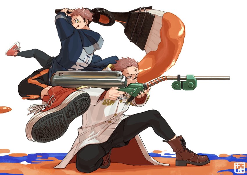 2boys aiming boots brown_hair denim facial_mark forehead_mark giant_brush gun highres hood itadori_yuuji jacket jeans jujutsu_kaisen jumping long_sleeves male_focus multiple_boys nagarururun nintendo one_eye_closed orange_eyes paint paint_gun pants red_eyes ryoumen_sukuna_(jujutsu_kaisen) shoes signature simple_background sneakers splatoon_(series) tattoo tongue weapon white_background