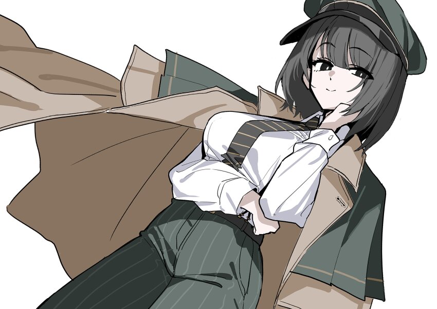 absurdres black_eyes black_necktie blue_archive brown_halo coat coat_on_shoulders diagonal-striped_clothes diagonal-striped_necktie green_hat halo hat highres hiromi_(blue_archive) koppepan_agp necktie pants peaked_cap striped_clothes striped_necktie striped_pants vertical-striped_clothes vertical-striped_pants