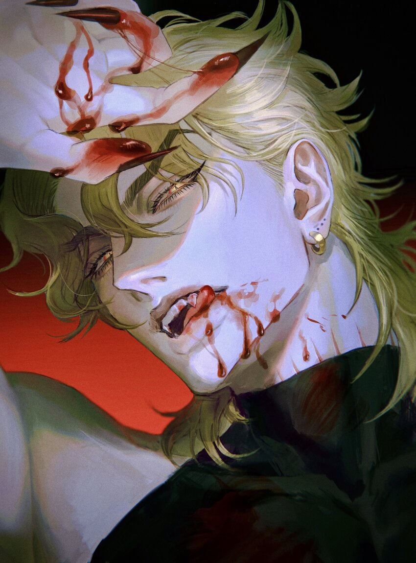 1boy absurdres bare_shoulders black_background black_leotard black_nails blonde_hair blood blood_on_face blood_on_hands blood_on_neck curtained_hair dio_brando ear_birthmark earrings eyelashes eyes_visible_through_hair fangs fingernails gradient_background hair_between_eyes hand_on_own_forehead highres hoop_earrings jewelry jojo_no_kimyou_na_bouken leotard licking_lips long_fingernails long_hair looking_at_viewer male_focus messy_hair muscular muscular_male open_mouth oyatsu_(205415) portrait red_background scar scar_on_neck slit_pupils solo stardust_crusaders stitched_neck stitches tongue tongue_out vampire yellow_eyes