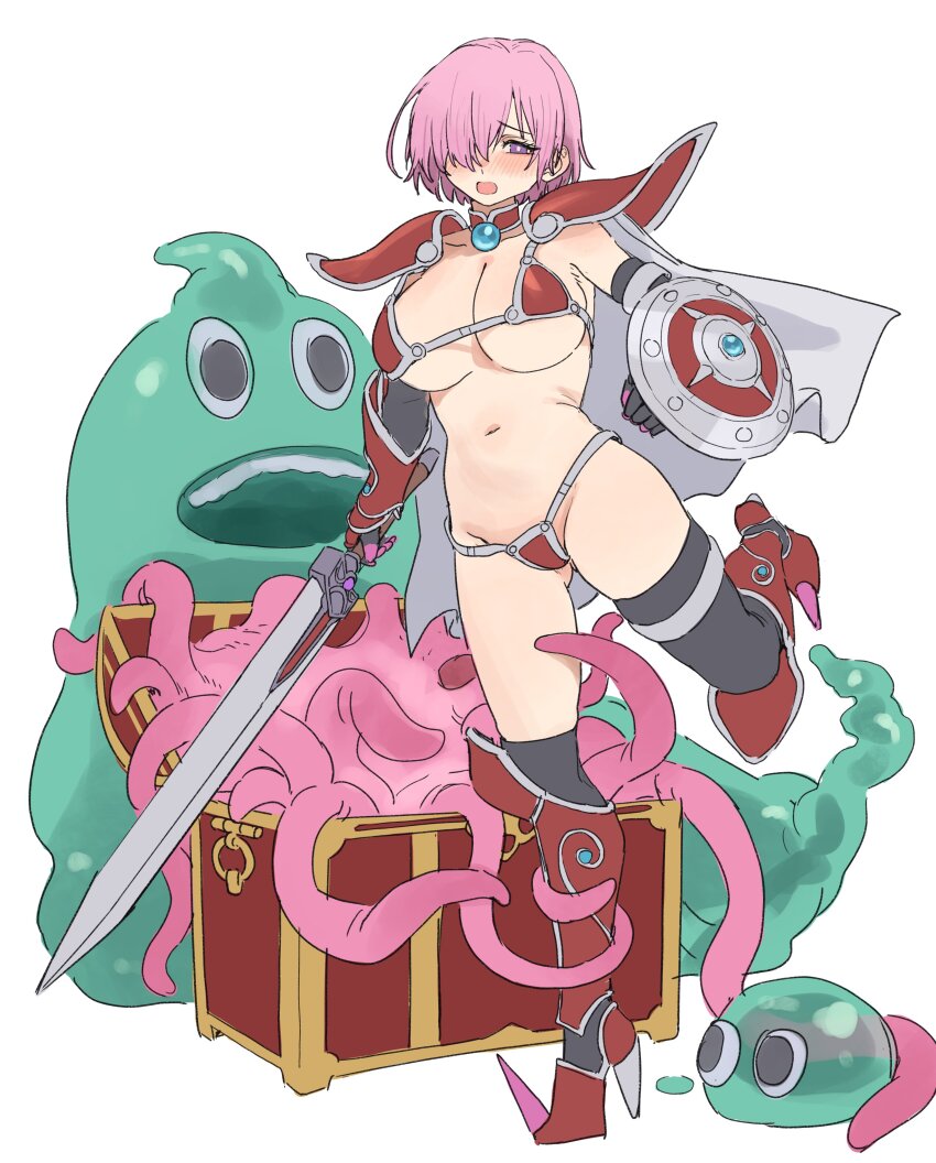 1girl absurdres aochoku black_gloves black_thighhighs blush breasts cleavage elbow_gloves fate/grand_order fate_(series) gloves hair_over_one_eye highres large_breasts looking_at_viewer mash_kyrielight mimic mimic_chest navel open_mouth pink_hair purple_eyes short_hair slime_(creature) thighhighs