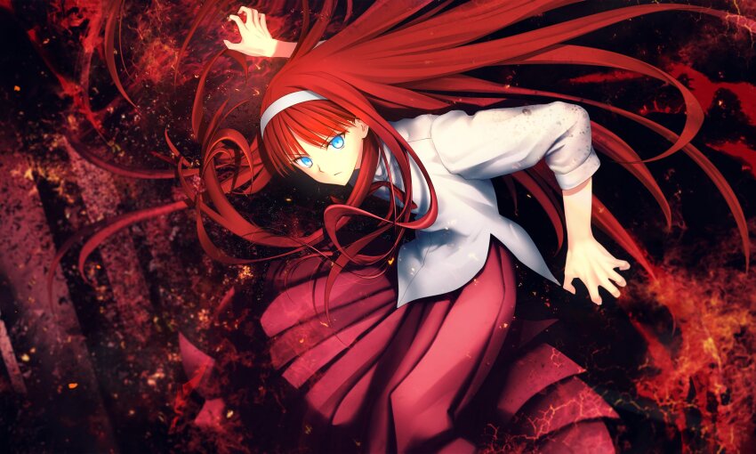 1girl absurdres blue_eyes embers fire highres kawanakajima long_hair looking_at_viewer red_hair red_ribbon red_skirt ribbon shirt skirt tohno_akiha toono_akiha tsukihime vermillion_akiha white_headwear white_shirt