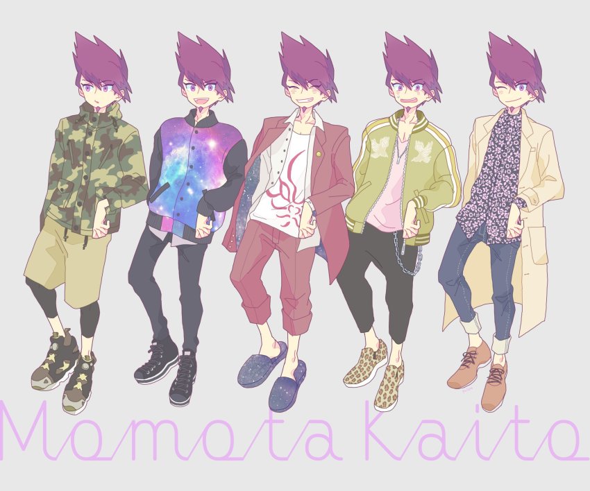 10s animal_print bad_id bad_twitter_id beard camouflage camouflage_hoodie chain danganronpa_(series) danganronpa_v3:_killing_harmony denim dress-up facial_hair formal_clothes goatee highres hood hoodie jacket jeans jewelry khakis leopard_print letterman_jacket loafers looking_at_viewer looking_to_the_side male_focus momota_kaito necklace one_eye_closed open_mouth pants purple_eyes purple_hair school_uniform shirt shoes short_hair slippers smile space_print spiked_hair starry_sky_print track_jacket track_pants wink