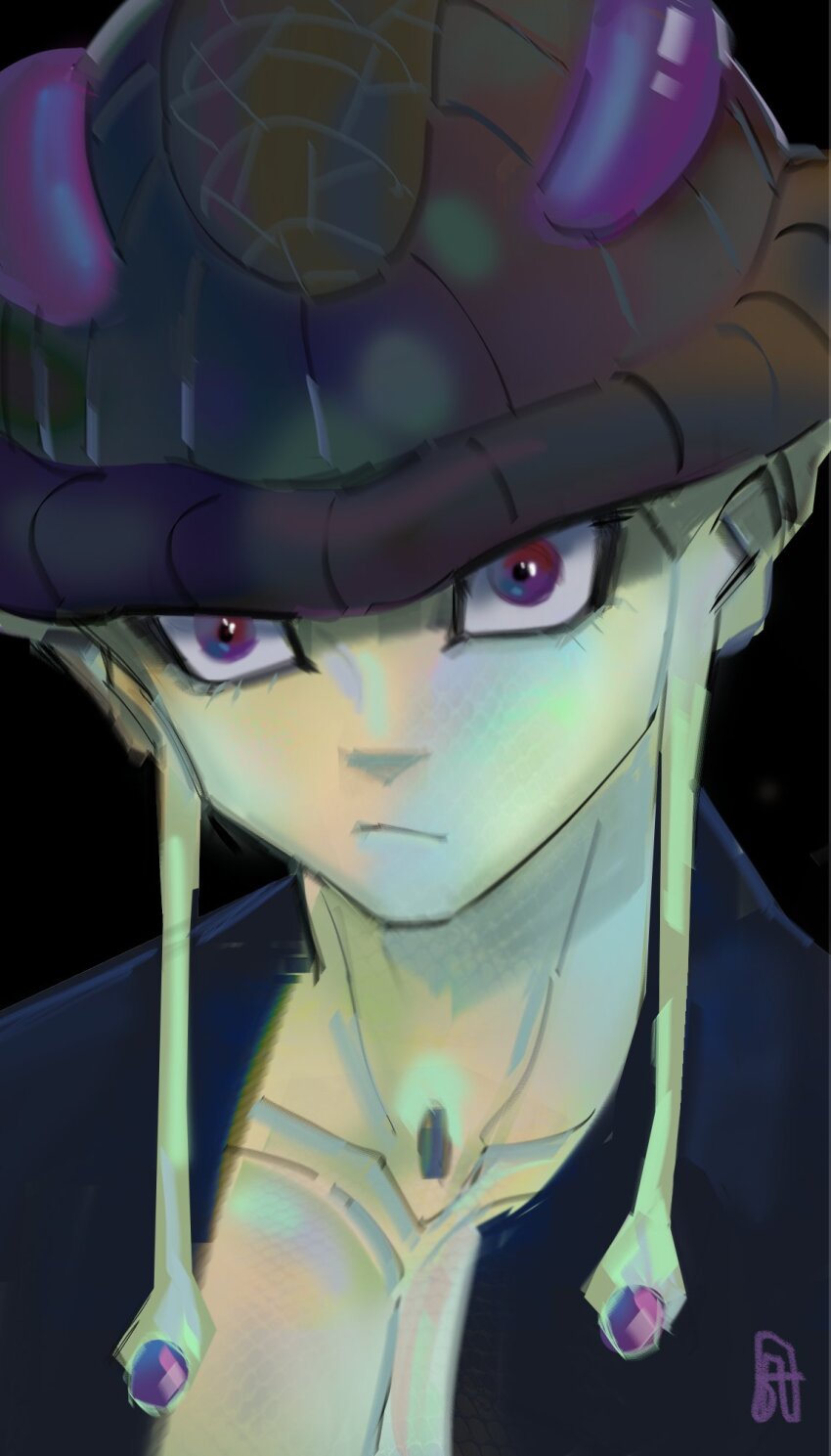 1boy arthropod_boy black_background colored_skin french-unicorn green_skin highres hunter_x_hunter long_earlobes male_focus meruem portrait purple_eyes shadow simple_background solo