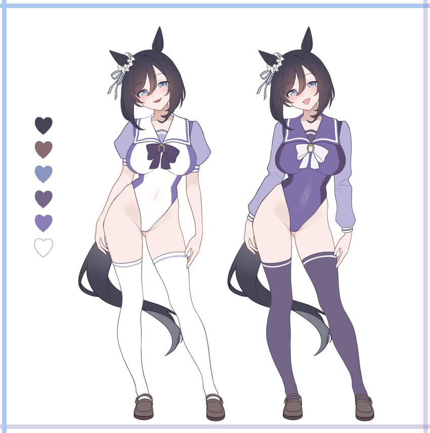 1girl adapted_costume animal_ears black_hair blue_eyes blush bob_cut bow bowtie breasts brown_shoes collared_leotard color_guide commentary_request contrapposto covered_navel ear_scrunchie eishin_flash_(umamusume) full_body hair_between_eyes highres horse_ears horse_girl horse_tail horseshoe_ornament large_breasts leotard loafers long_sleeves looking_at_viewer multicolored_leotard multiple_views open_mouth piercing puffy_short_sleeves puffy_sleeves purple_bow purple_bowtie purple_leotard purple_thighhighs school_uniform shoes short_hair short_sleeves simple_background smile standing summer_uniform tail thighhighs tongue tongue_out tongue_piercing tracen_school_uniform two-tone_leotard ugohato umamusume white_background white_bow white_bowtie white_leotard white_thighhighs winter_uniform