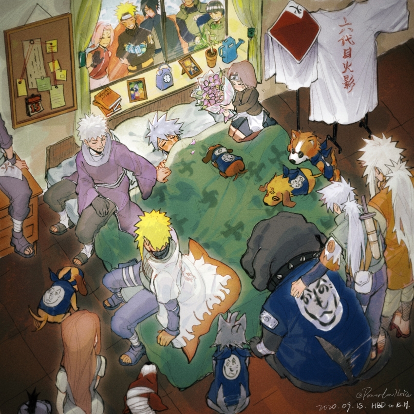 3girls 6+boys ^_^ akino_(naruto) alarm_clock animal arm_around_shoulder bed bisuke_(naruto) black_cloak black_footwear black_gloves black_hair black_jumpsuit black_pants black_shirt black_shorts blanket blonde_hair blue_footwear blue_headband blue_pants blue_shirt book book_stack bouquet bowl_cut brown_hair bull_(naruto) bulletin_board cloak clock closed_eyes coat dated dog facing_another flower full_body ghost gift gloves green_jumpsuit green_vest grin guruko_(naruto) hair_over_one_eye haruno_sakura hat hatake_kakashi hatake_sakumo headband highres holding holding_bouquet jacket jiraiya_(naruto) jumpsuit leg_wrap long_coat long_hair looking_at_another lying medium_hair mi_lu_zaosheng might_guy multicolored_clothes multiple_boys multiple_dogs multiple_girls namikaze_minato naruto_(classic) naruto_(series) naruto_shippuuden nohara_rin on_back on_bed orange_jumpsuit pakkun_(naruto) pants picture_frame pillow pink_hair pink_skirt ponytail purple_robe red_coat red_hair red_headband red_headwear red_jacket robe sandals sarutobi_asuma scabbard scar scar_across_eye scar_on_face seiza sheath sheathed shiba_(naruto) shirt short_hair short_sword shorts single_glove sitting skirt sleeping sleeveless sleeveless_jacket smile sword tantou twitter_username uchiha_obito uchiha_sasuke upper_body urushi_(naruto) uuhei_(naruto) uzumaki_kushina uzumaki_naruto vest weapon white_coat white_hair yamato_(naruto)