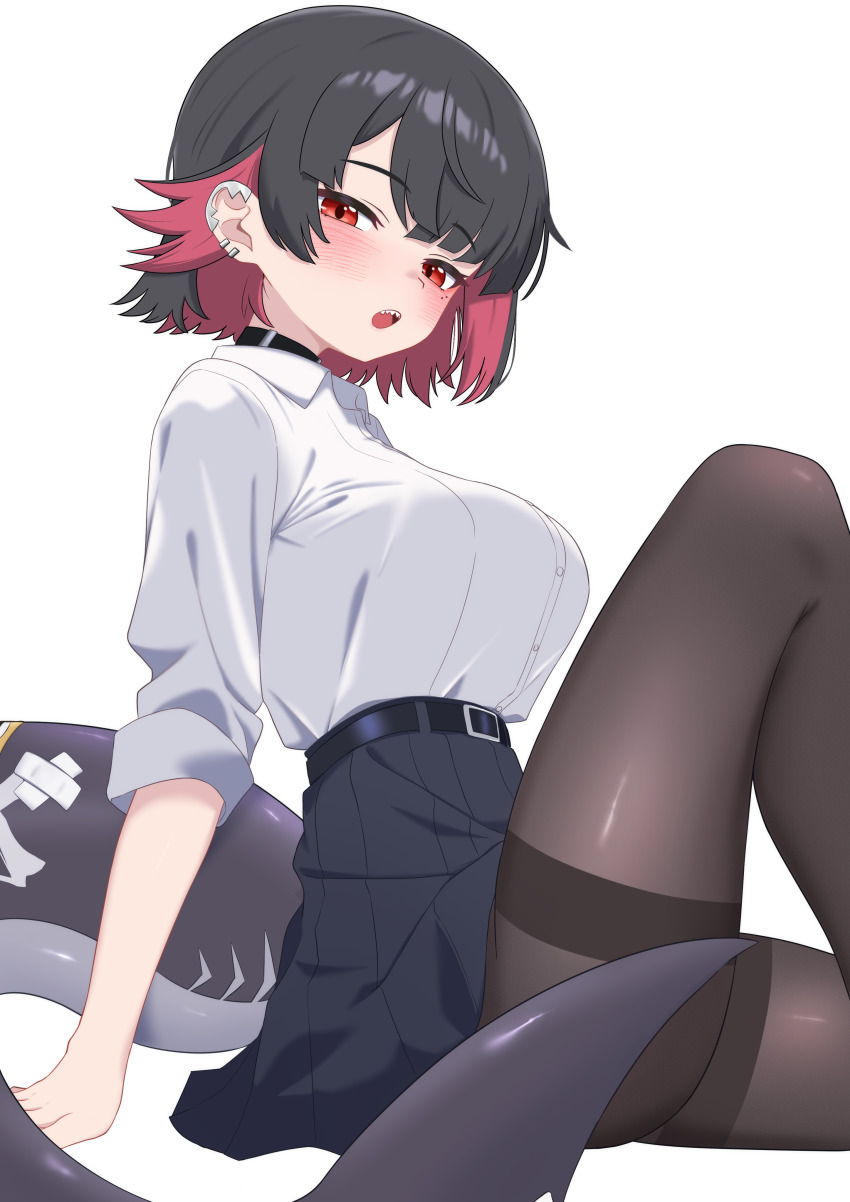 1girl absurdres arm_support belt black_belt black_choker black_hair black_pantyhose black_skirt blush breasts choker colored_inner_hair commentary ellen_joe ellen_joe_(on_campus) english_commentary fins fish_tail from_side highres knee_up large_breasts looking_at_viewer mole mole_under_eye multicolored_hair oldsickkim open_mouth pantyhose red_eyes shark_girl shark_tail sharp_teeth shirt shirt_tucked_in short_hair sitting skirt solo tail teeth white_background white_shirt zenless_zone_zero