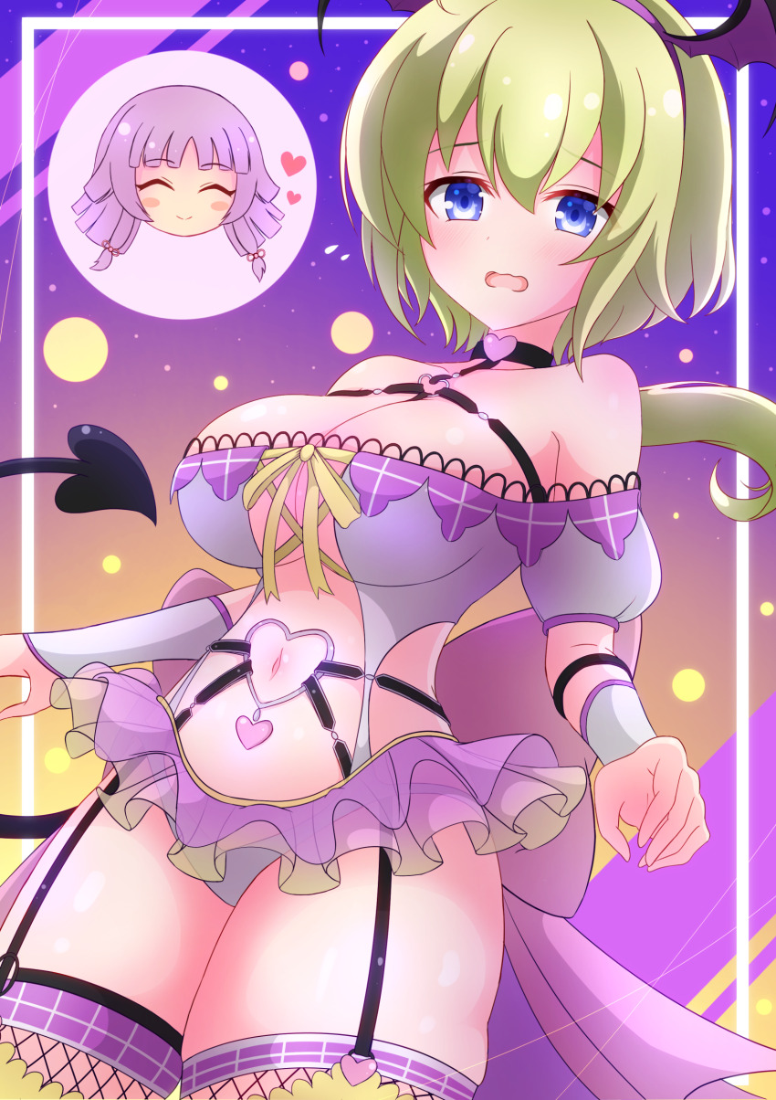 2girls ^_^ amano_soraha assault_lily back_bow baichi_(ph4yvfsqyynkhnv) banshouya_ena black_choker blonde_hair blue_eyes blunt_bangs blush bow breasts chest_harness chibi chibi_inset choker closed_eyes closed_mouth clothing_cutout commentary cosplay cowboy_shot cross-laced_clothes cross-laced_leotard demon_tail detached_sleeves fake_tail fake_wings fishnet_thighhighs fishnets frilled_leotard frills from_below gradient_background hair_between_eyes hairband halloween_costume harness hayakawa_yahiro hayakawa_yahiro_(cosplay) head_wings heart heart_choker heart_o-ring highres large_breasts leotard long_hair looking_at_viewer low-tied_sidelocks low_ponytail multicolored_leotard multiple_girls navel o-ring off-shoulder_leotard open_mouth orange_background ponytail puffy_short_sleeves puffy_sleeves purple_background purple_bow purple_hair purple_hairband purple_leotard purple_wings ribbon see-through_clothes see-through_leotard short_sleeves side_cutout sidelocks smile standing stomach stomach_cutout symbol-only_commentary tail thighhighs two-tone_leotard wavy_mouth white_leotard wings yellow_ribbon yellow_thighhighs
