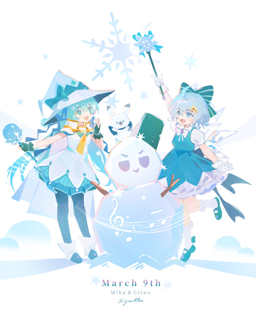 &gt;:) 2girls adapted_costume ahoge ankle_boots aqua_eyes aqua_hair arm_up black_pantyhose blue_dress blue_eyes blue_hair boots bow bowtie cape character_name cirno commentary crossover dated dress fingerless_gloves frilled_dress frills full_body gloves gold_trim hair_bow half_updo hat hat_bow hatsune_miku highres holding holding_wand kneehighs long_hair miku_day multiple_girls musical_note musical_staff open_mouth pantyhose pinafore_dress puffy_short_sleeves puffy_sleeves rabbit rabbit_yukine short_hair short_sleeves signature siyumu sleeveless sleeveless_dress smile snowflakes snowman socks sparkle standing standing_on_one_leg striped_bow touhou twintails v-shaped_eyebrows very_long_hair wand white_bow white_bowtie white_cape white_gloves white_socks witch_hat yuki_miku yuki_miku_(2014)