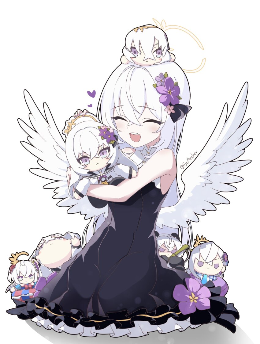 :&lt; :d absurdres angel angel_wings azusa_(blue_archive) black_dress black_ribbon blue_archive character_doll crescent_halo crossed_bangs doll dress feathered_wings flower frilled_dress frills fumo_(doll) goanchor hair_between_eyes hair_flower hair_ornament hair_ribbon halo highres hug hugging_object long_hair nesoberi open_mouth purple_eyes ribbon sleeveless smile stuffed_toy white_background white_hair white_wings wings yellow_halo