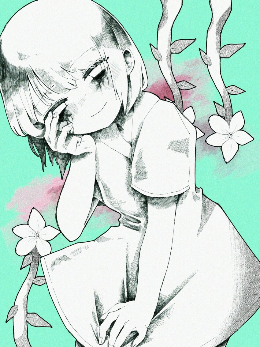 1girl anzu_(dufg4825) blood bloody_tears closed_mouth collared_dress commentary_request dress dress_tug feet_out_of_frame flower green_background greyscale_with_colored_background half-closed_eyes hand_on_own_cheek hand_on_own_face hand_up head_tilt highres iyowa_girls last_journey_(vocaloid) looking_at_viewer short_hair short_sleeves smile solo standing