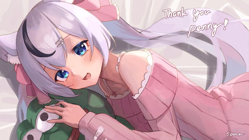 1girl :d animal_ears artist_name black_hair blue_eyes blush dress english_text highres holding holding_stuffed_toy indie_virtual_youtuber ketz long_sleeves mouse_ears mouse_girl multicolored_hair open_mouth pepe_the_frog pink_dress purple_hair second-party_source smile solo sooon streaked_hair stuffed_animal stuffed_frog stuffed_toy sweater sweater_dress thank_you tongue twintails watermark