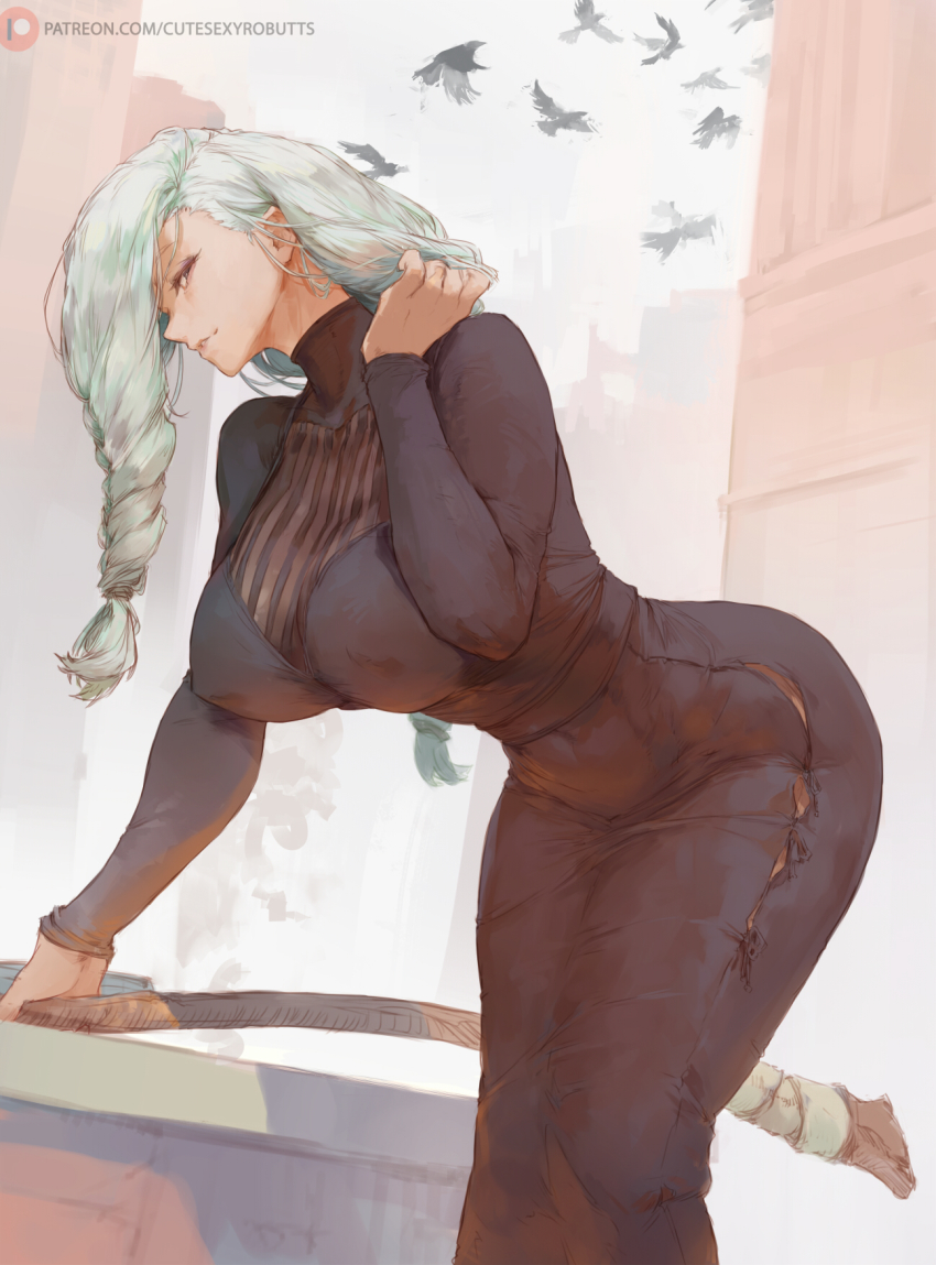 1girl axe bird braid braided_bangs breasts crow curvy cutesexyrobutts dress grey_eyes hair_over_one_eye highres jujutsu_kaisen large_breasts long_hair long_sleeves looking_at_viewer mei_mei_(jujutsu_kaisen) skin_tight smile solo turtleneck turtleneck_dress white_hair
