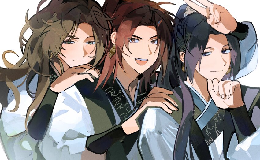 3boys baek_eon braid brown_eyes brown_hair chinese_clothes earrings fang gold_earrings green_eyes half_updo hanbok hand_on_another&#039;s_shoulder hand_on_own_chin hanfu high_ponytail highres hotae hyo_wol jewelry jinhongi korean_clothes long_sleeves looking_at_viewer male_focus multiple_boys open_mouth ponytail purple_eyes simple_background smile song_ok teeth upper_body upper_teeth_only v white_background white_hanbok zhijupao