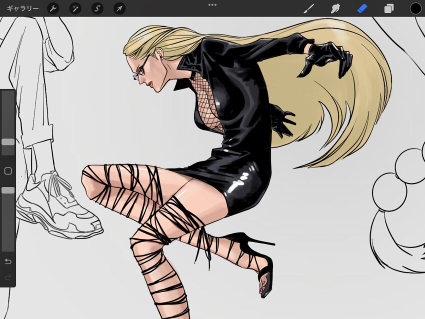 1girl art_program_in_frame black_dress black_gloves blonde_hair breasts cleavage closed_mouth commentary_request cross-laced_shoes dress earrings glasses gloves high_heels highres jewelry kalifa_(one_piece) leather_dress long_hair one_piece outstretched_arms pearl_earrings popsweetyio profile shoes sneakers